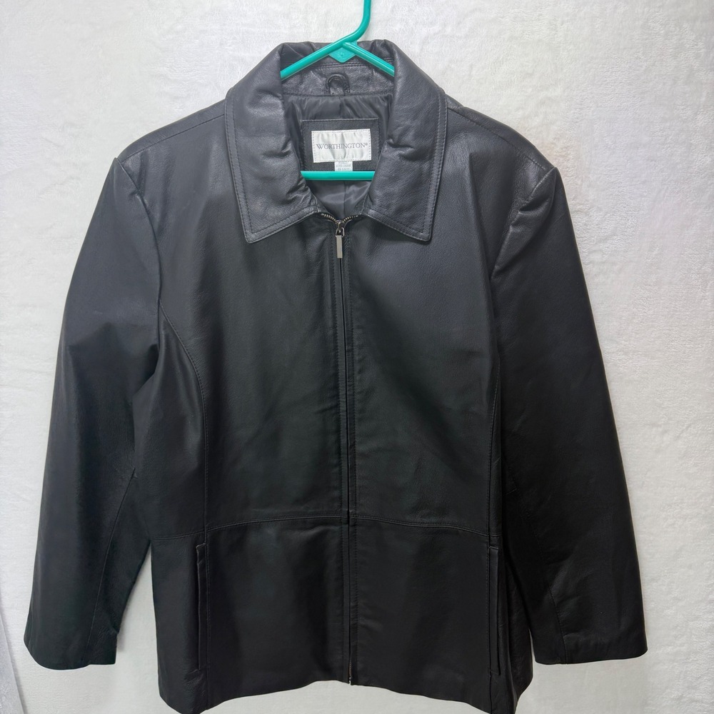 Worthington Womens XL Black Leather Jacket Button Front Blazer Coat Classic